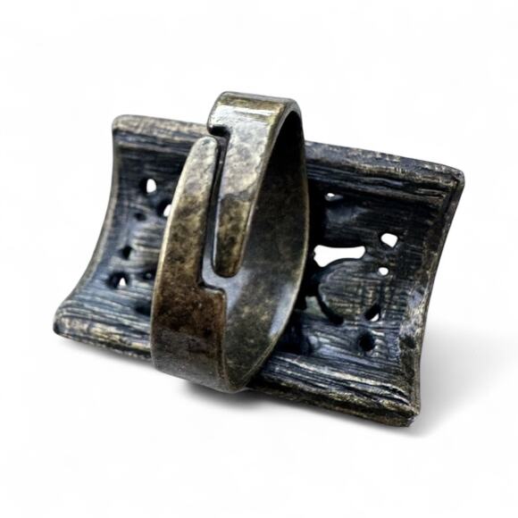 Green & Blue Glass Rhinestone Statement Ring Brass Tone Gallery Adjustable Sz 8 - Picture 4 of 4